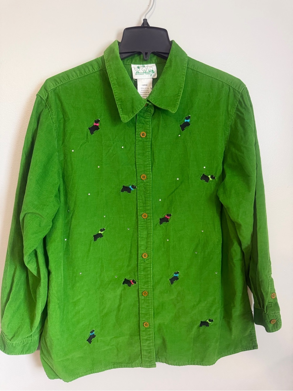 Quacker Factory Scottie Dog Green Vintage Embroidered Corduroy long sleeve top L